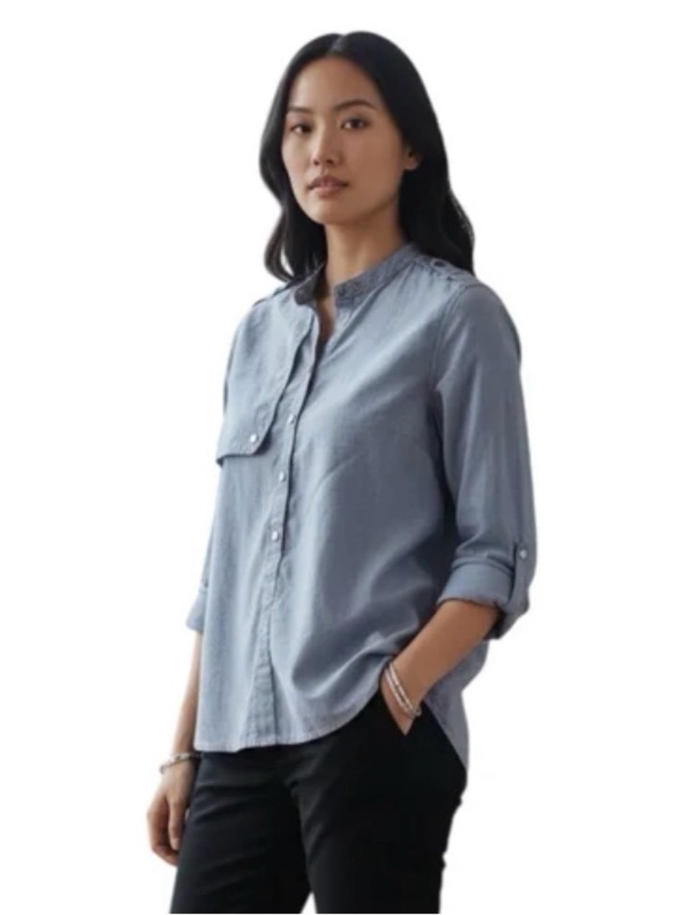 ANN TAYLOR Slate Gray Long Sleeve Shirt with Roll Tab Sleeves and Snaps size 4